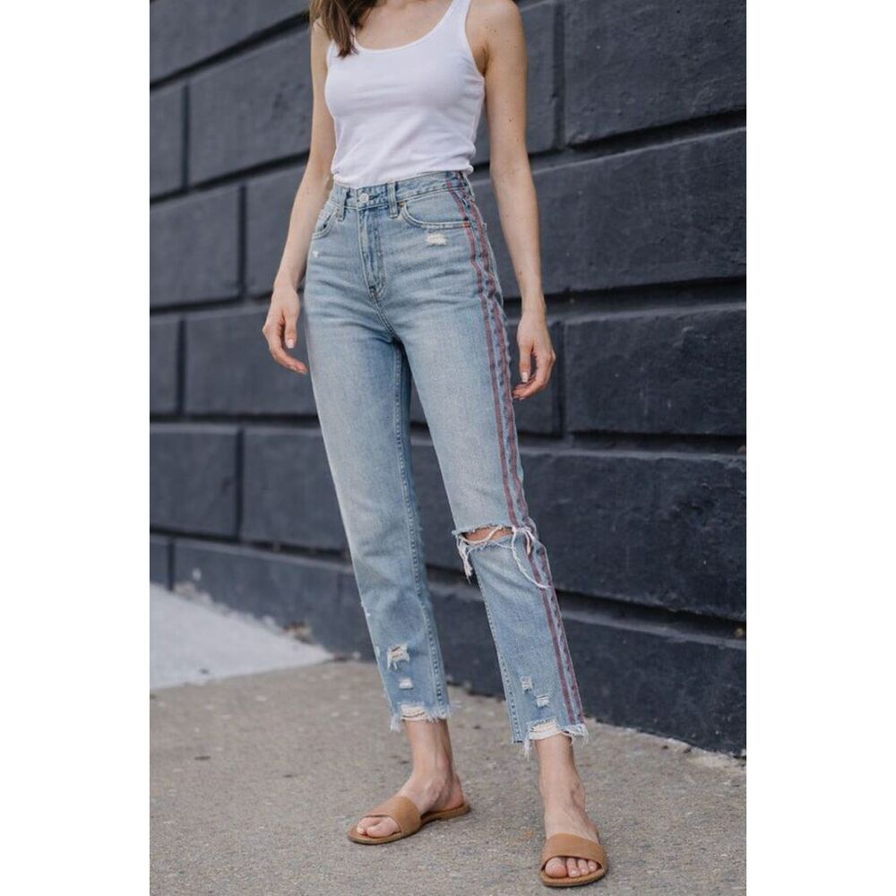 Abercrombie High Rise Girlfriend Jeans 24 Vintage Wash Stripe Raw Hem Distressed